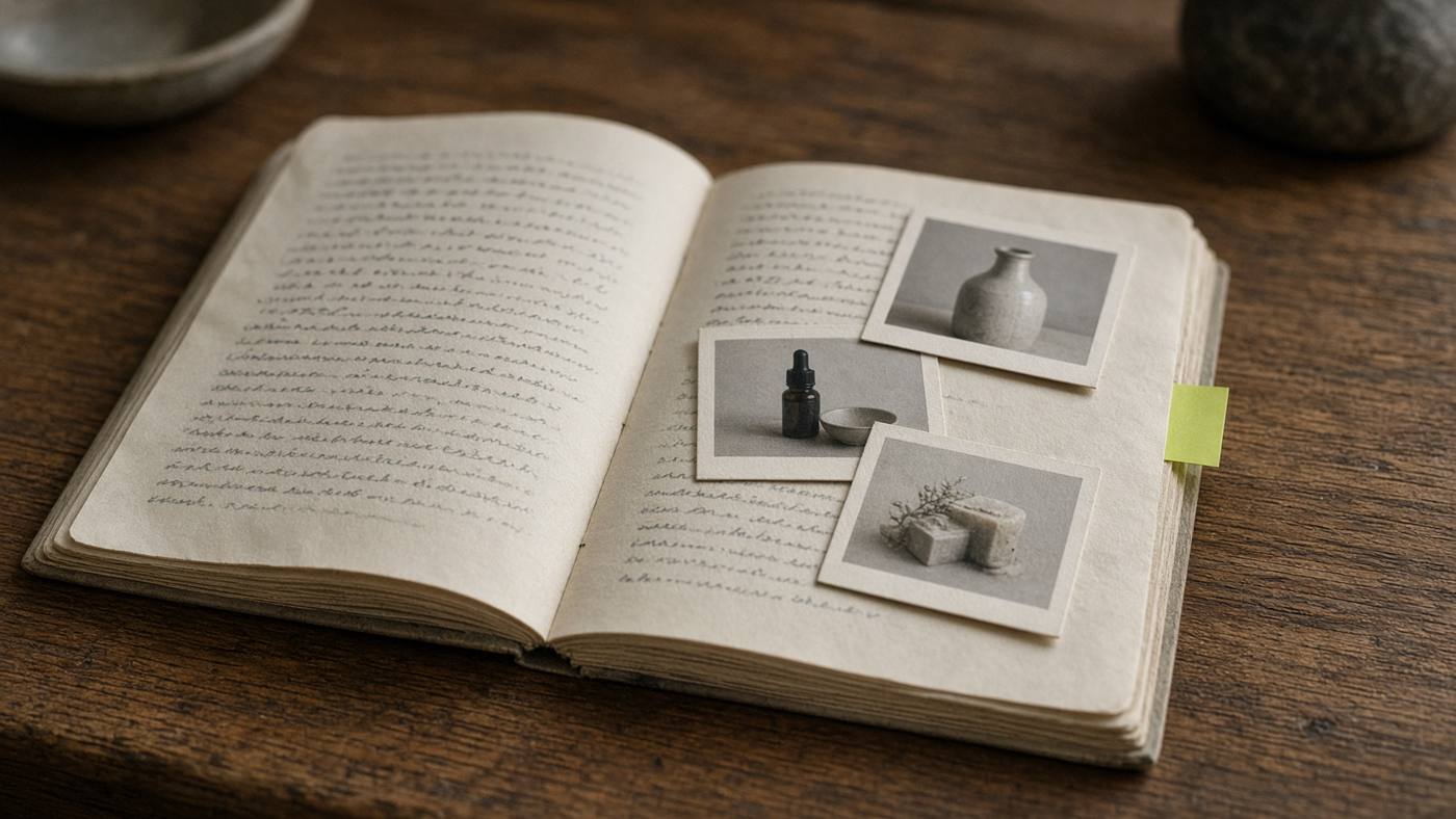A research notebook with one marked passage, prepared as an SEO content brief