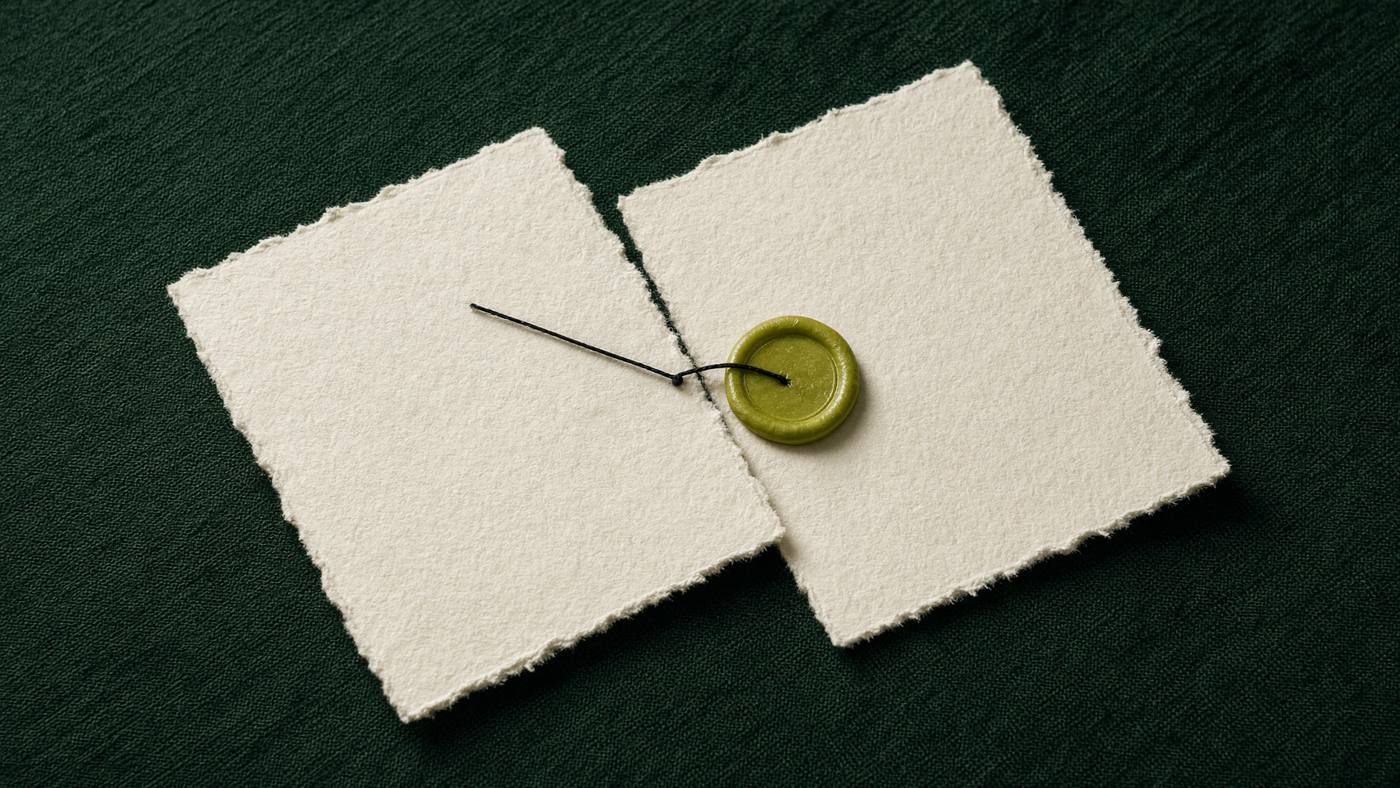 Two sheets of paper joined by thread and a lime seal, for editorial link building