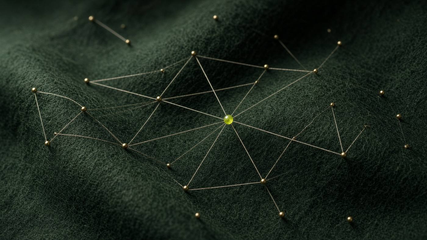 Brass pins and a single lime bead connected by thread, a map for entity SEO