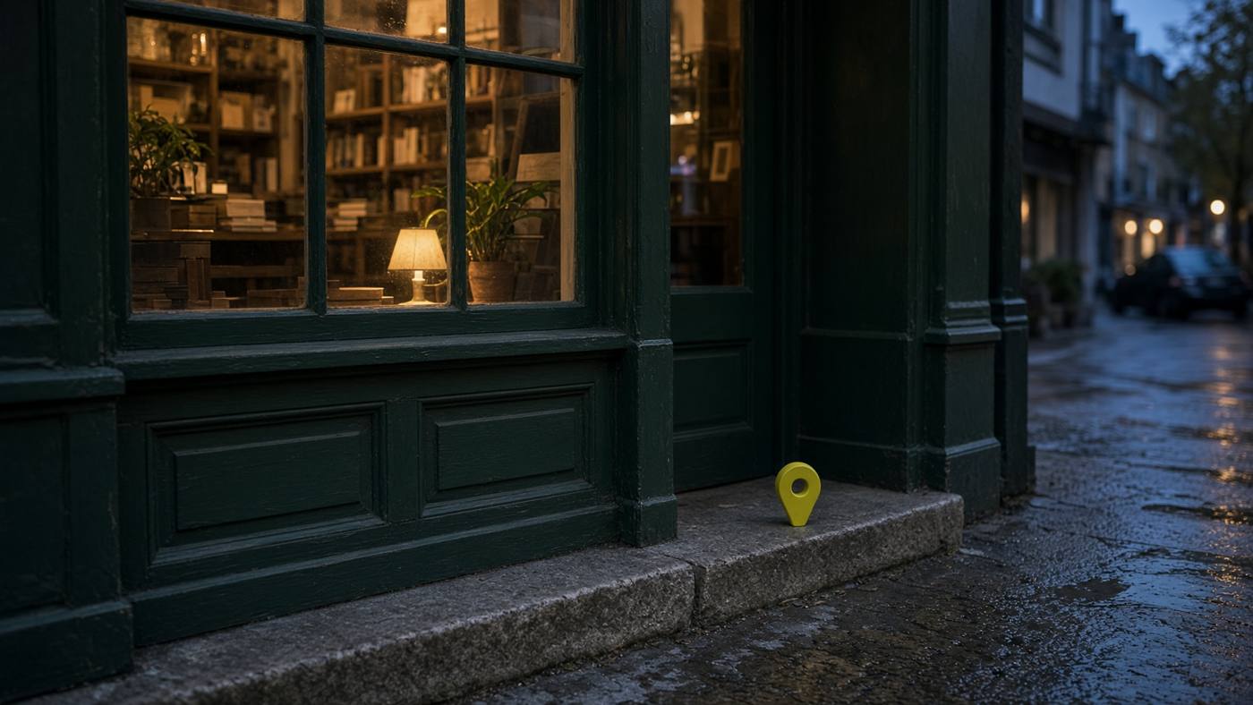 A quiet storefront at dusk with a map pin, for Google Business Profile SEO