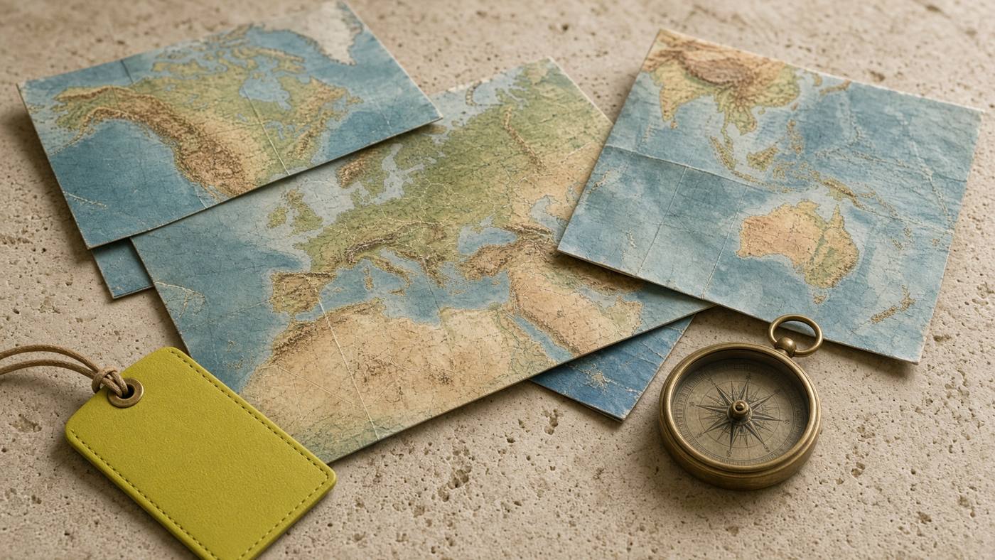 Folded maps and a compass on stone, prepared for international SEO planning