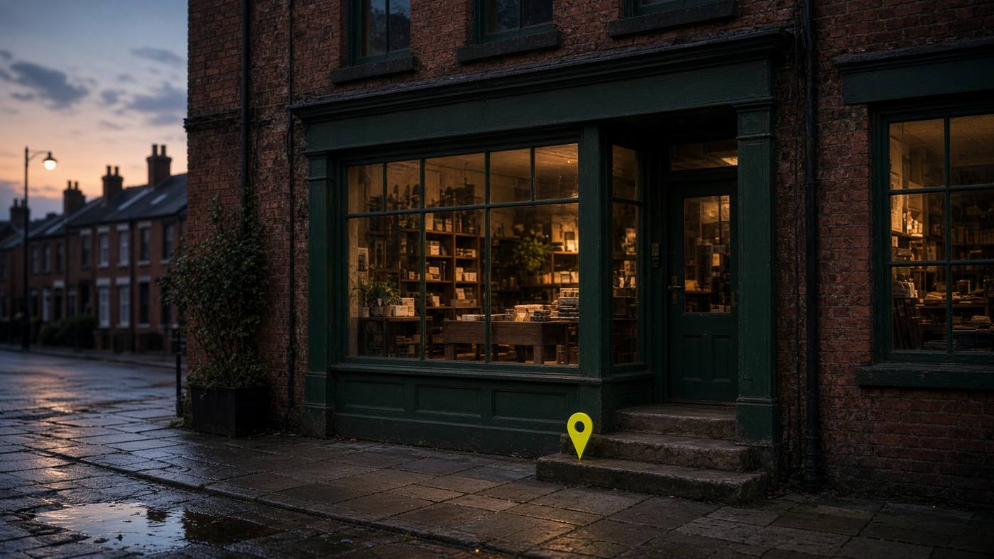 A brick storefront at dusk with a map pin, for local SEO and Google Business Profile work