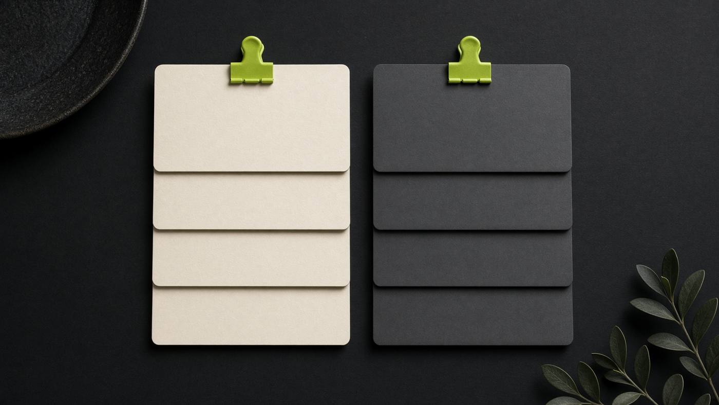 Two stacks of index cards clipped together, a shared PPC and SEO keyword map