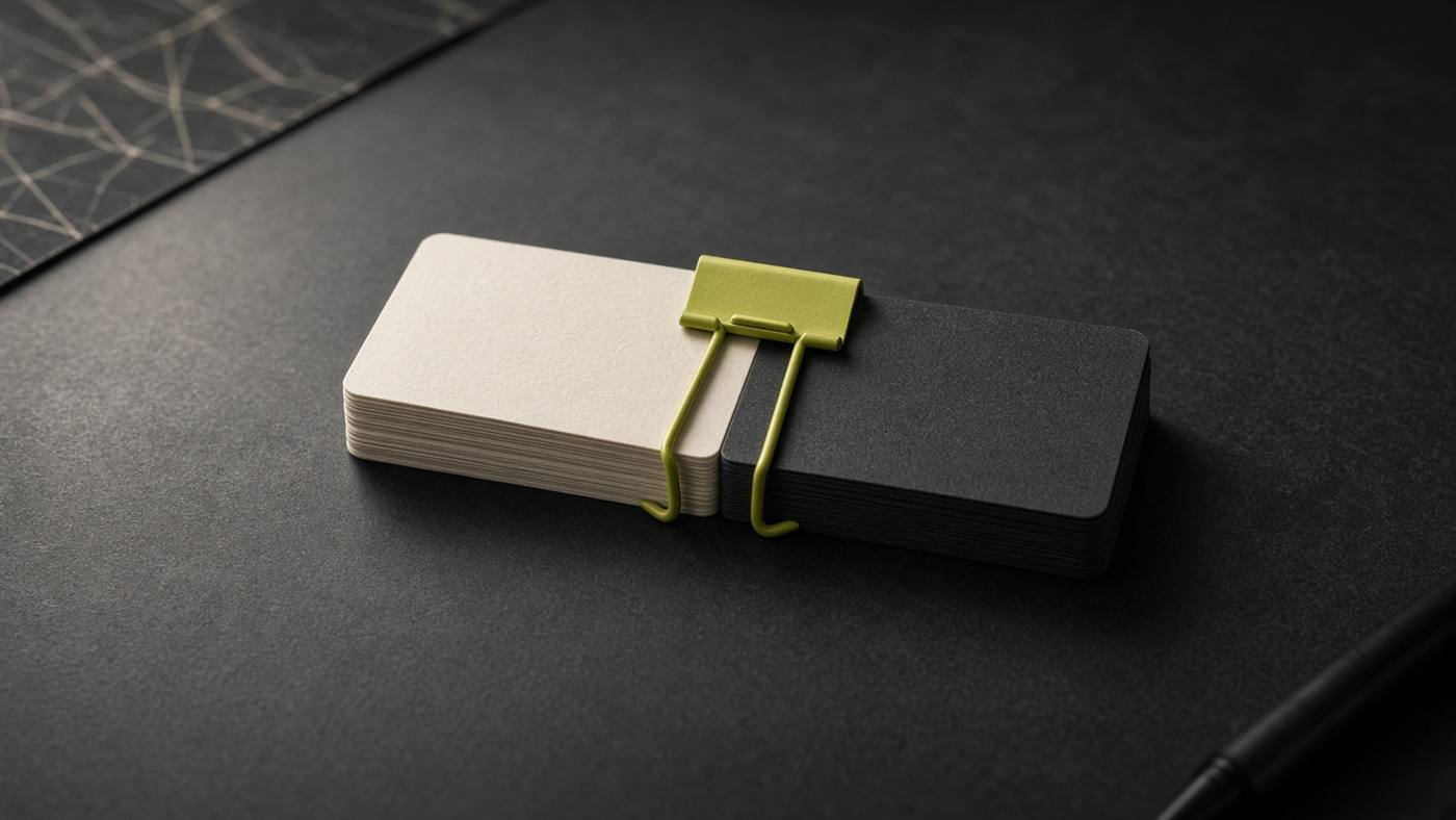 Two stacks of index cards held by one clip, a shared PPC and SEO keyword map
