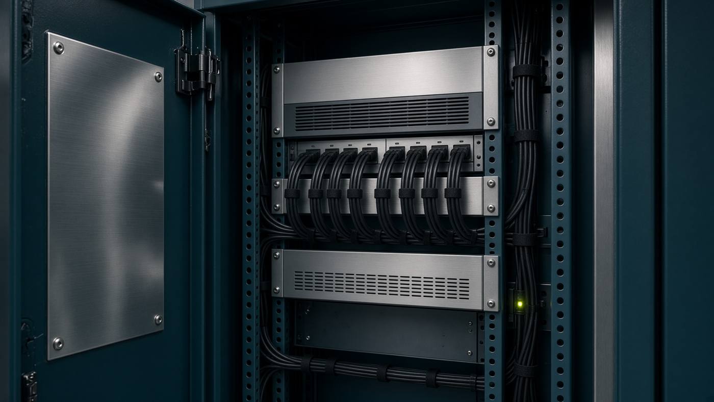 A tidy equipment cabinet with one indicator light, used as a technical SEO audit metaphor