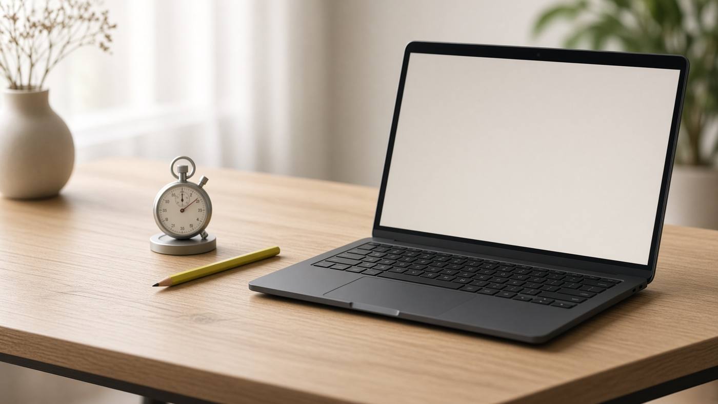 A laptop, stopwatch and pencil arranged to review WordPress Core Web Vitals