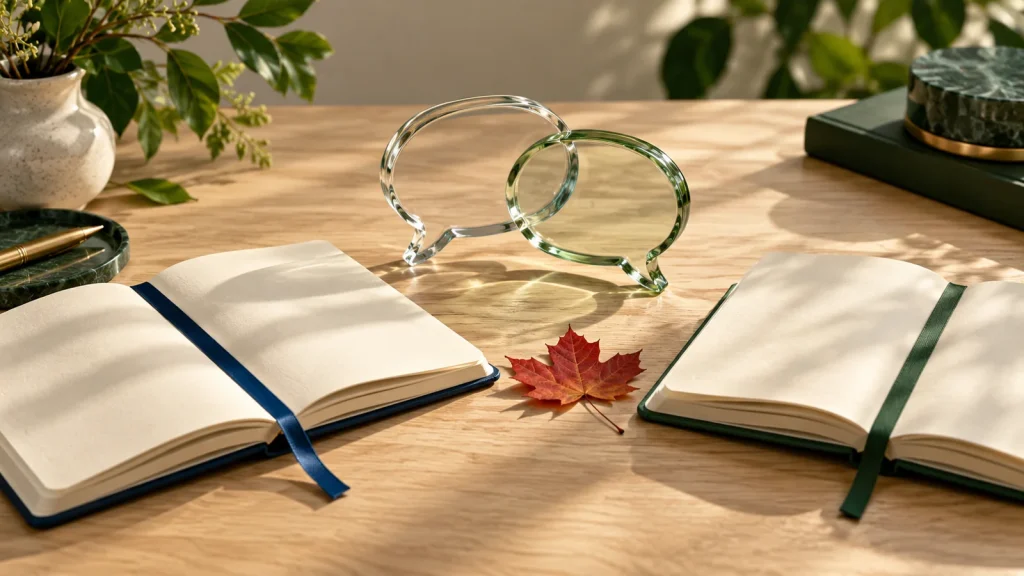 Two complementary open notebooks on a pale oak table