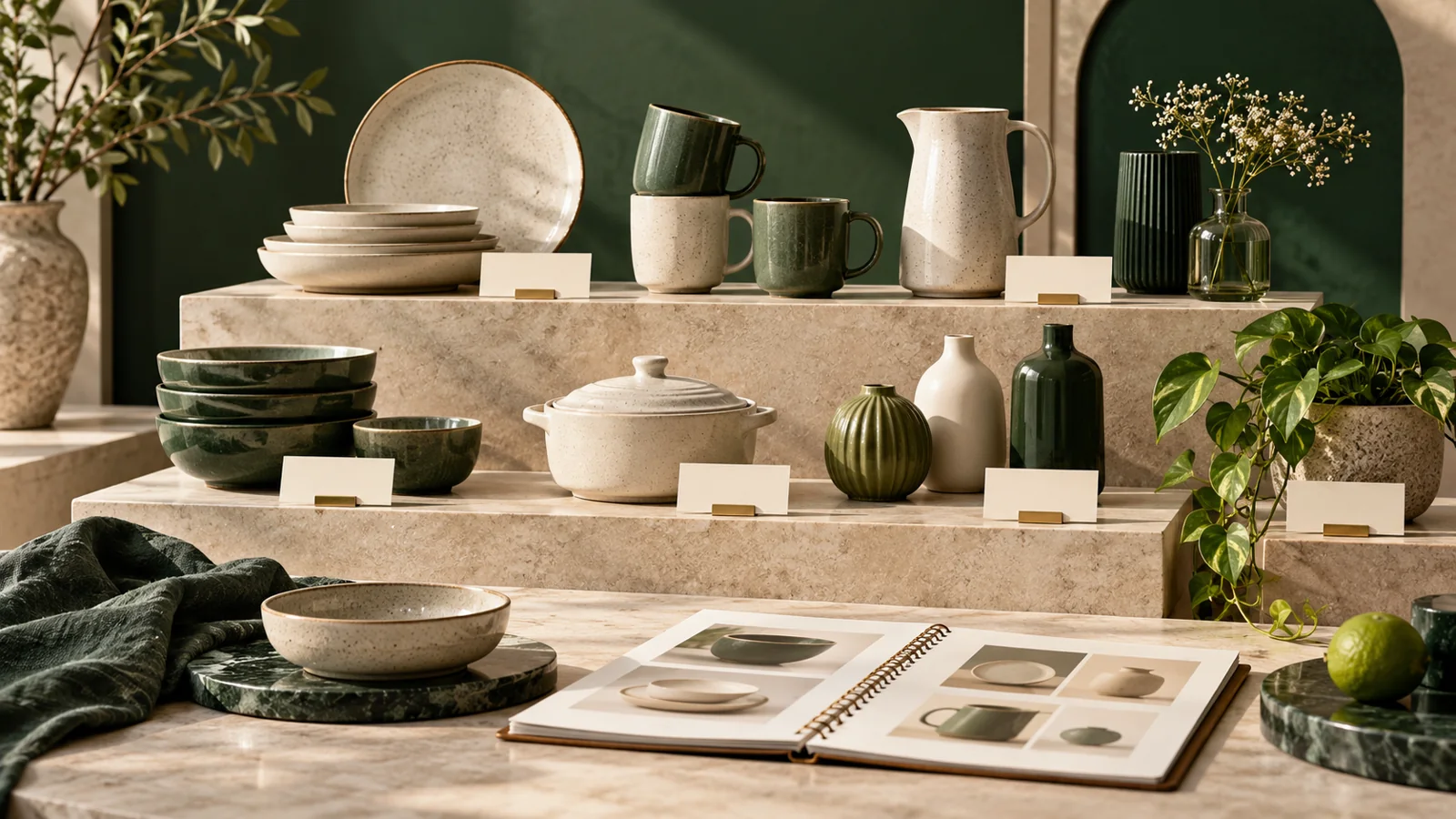 An elegant tabletop arrangement of categorized ceramic products on tiered shelves with blank category cards and a catalog notebook