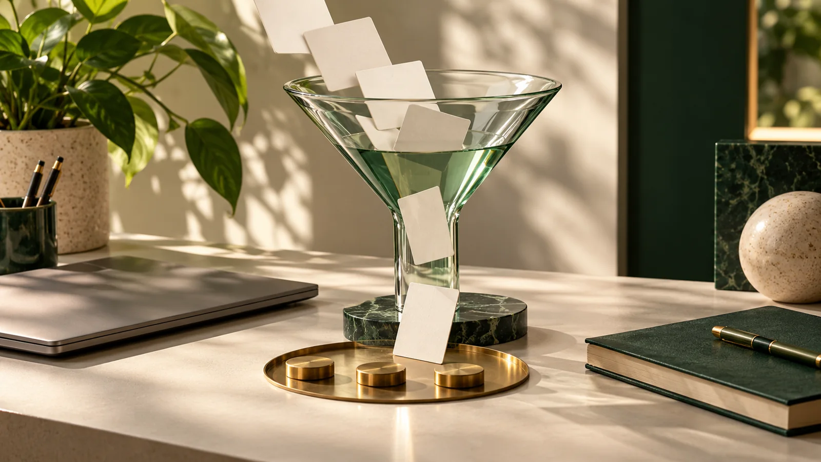 A tidy analytics planning desk with a glass funnel sculpture
