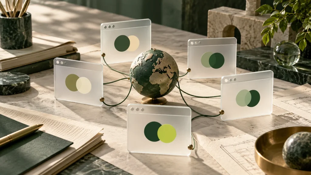 Several frosted glass browser shaped cards connected by fine green cords on an architectural desk