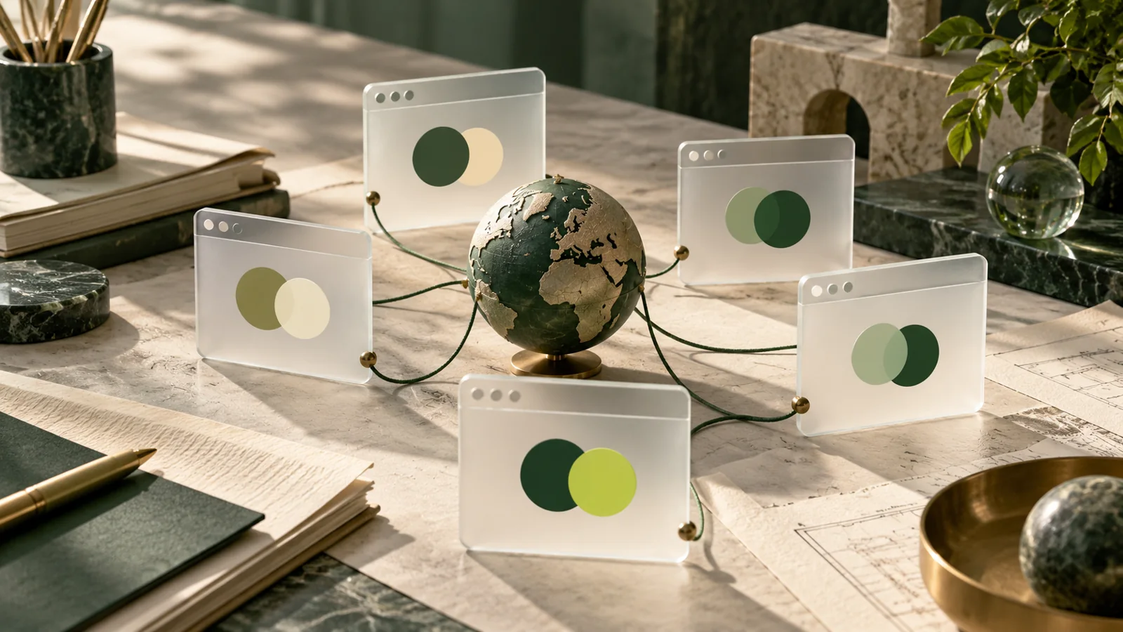 Several frosted glass browser shaped cards connected by fine green cords on an architectural desk