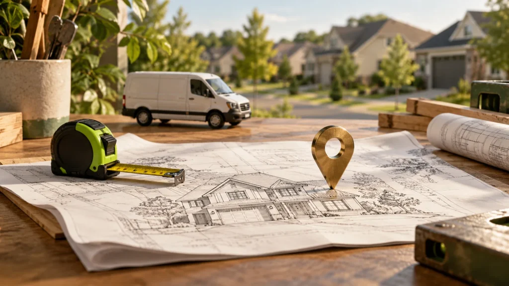 A contractor's clean workbench holding a folded residential blueprint