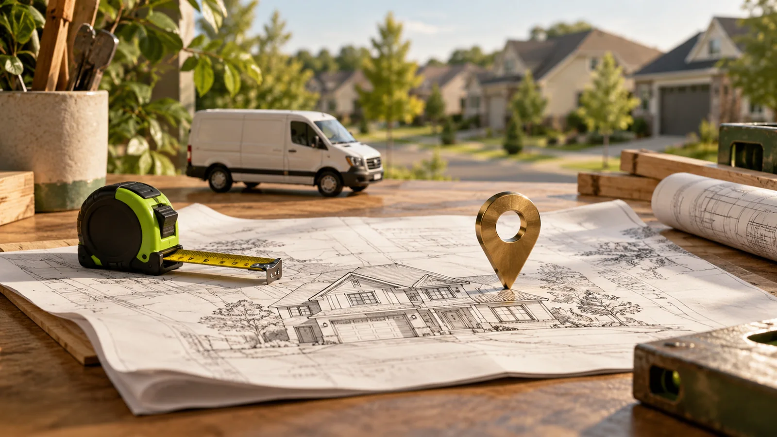 A contractor's clean workbench holding a folded residential blueprint