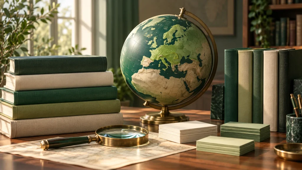 An editorial research desk with several language dictionary volumes with blank spines
