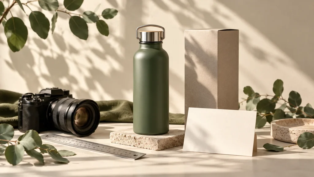 A small ecommerce studio photographing a premium reusable water bottle with a neutral product box