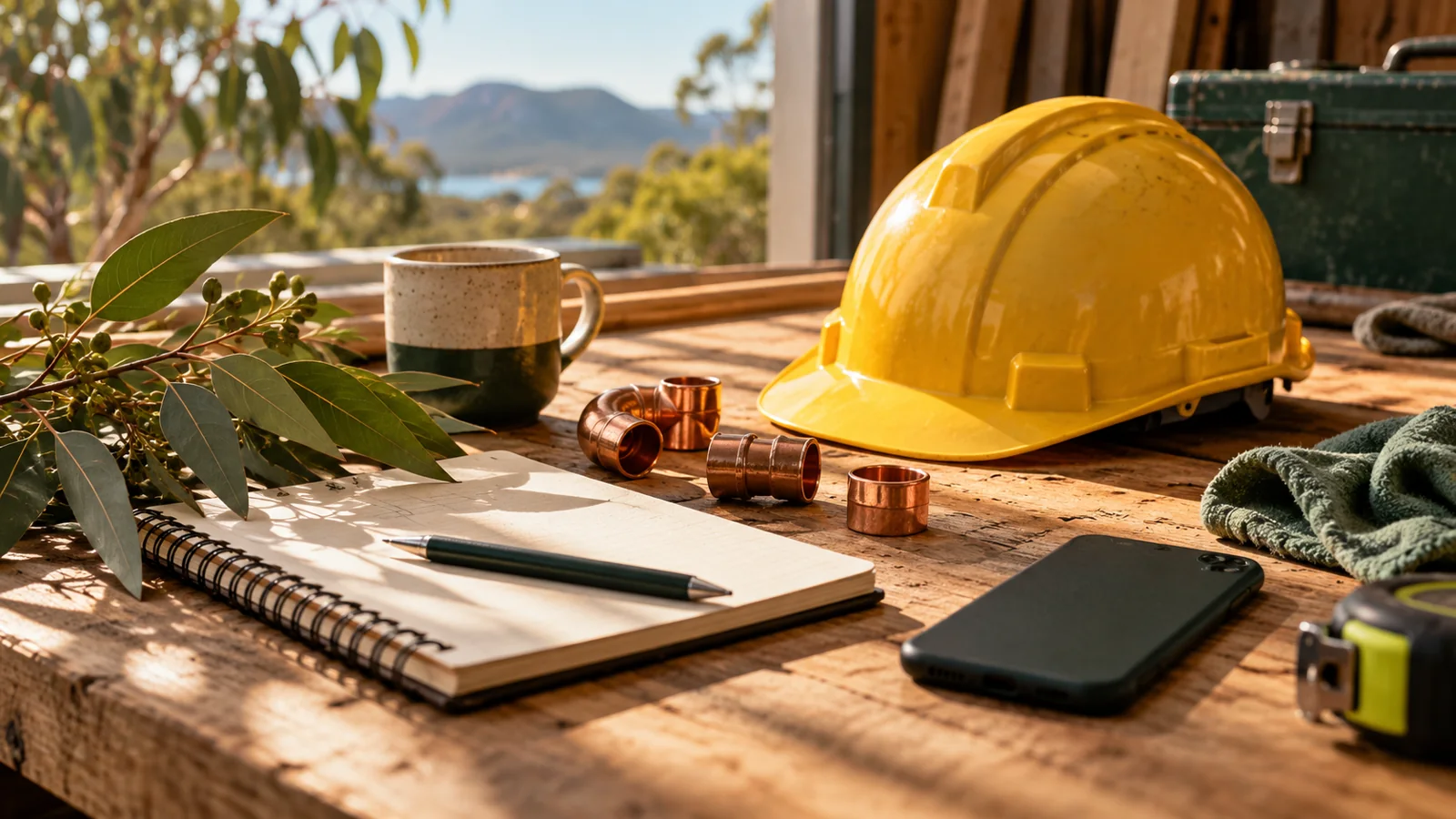 An Australian trade professional's workbench with a yellow work helmet