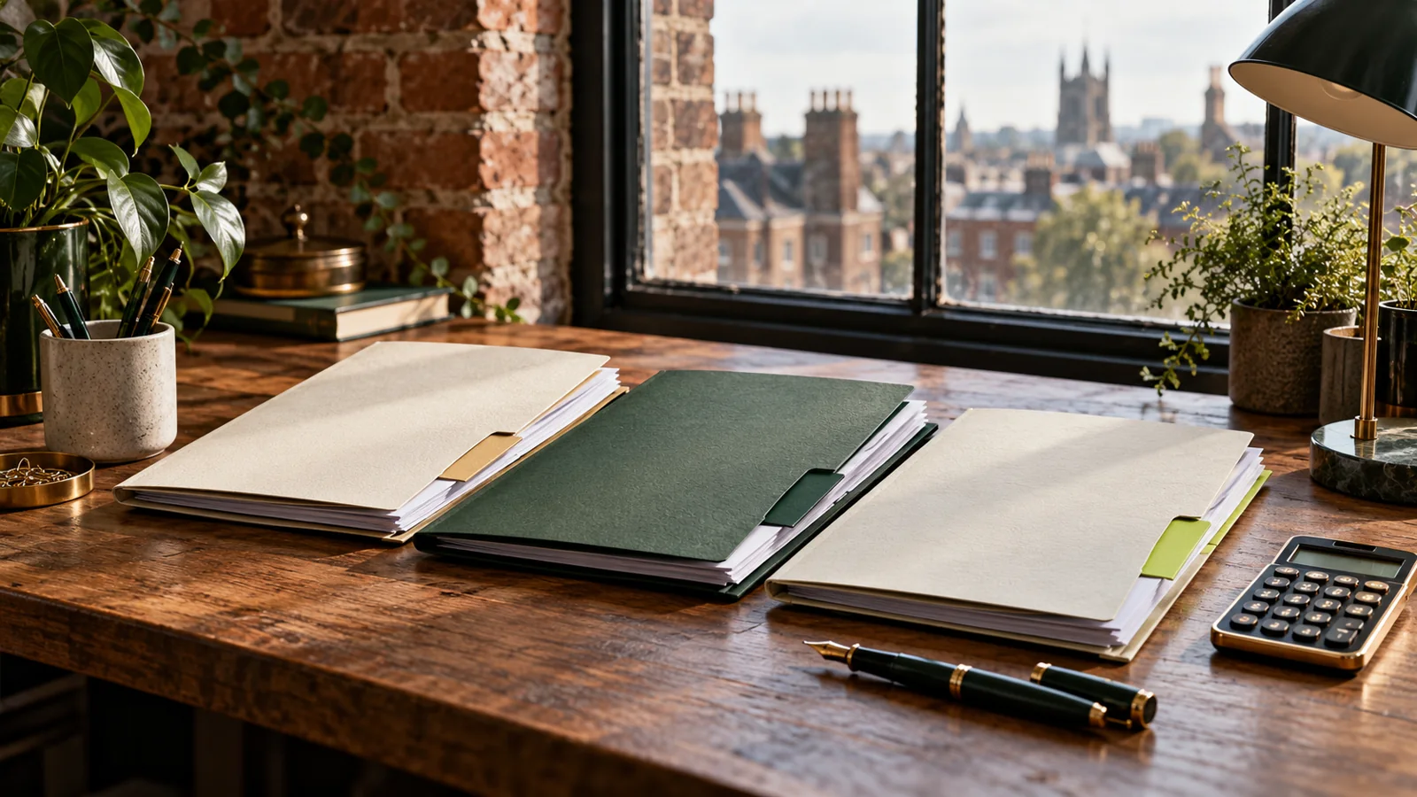 Three neatly arranged paper proposal folders with different colored tabs