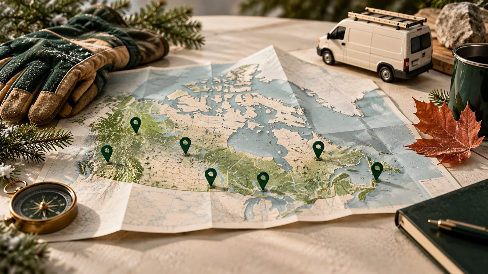 A folded street map with several discreet forest green map pins