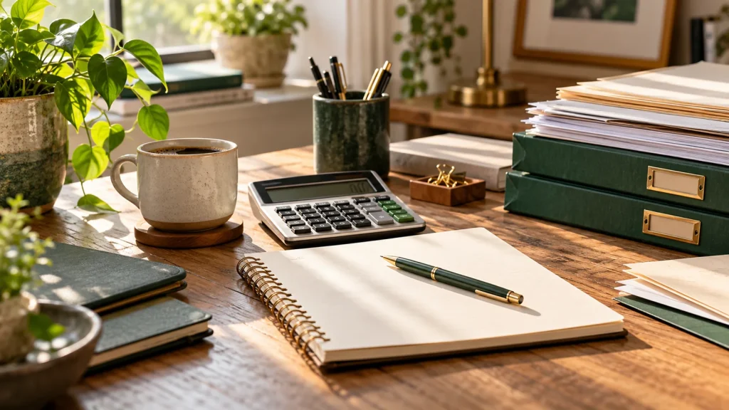A small American business owner's wooden desk with a calculator