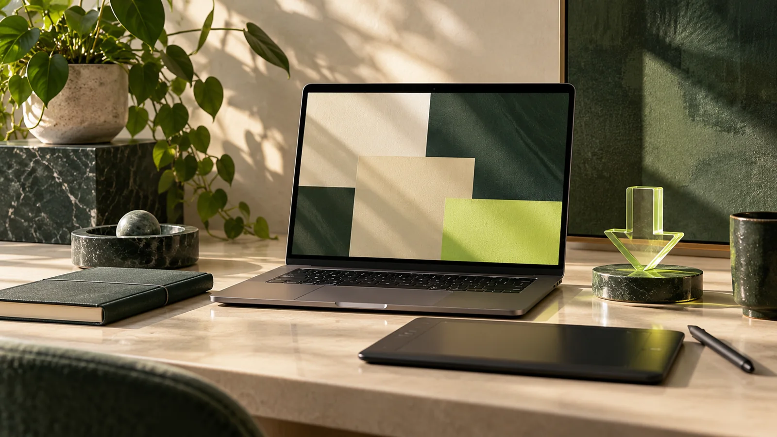 A premium digital creator workspace with a laptop showing only abstract colored rectangles
